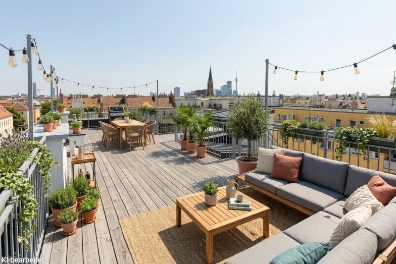 Dachterrasse im Projekt Mengergasse mit Blick über Wien