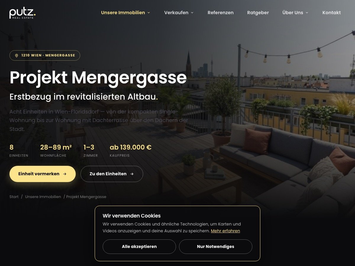 Ansicht einer Projektseite von PUTZ Real Estate
